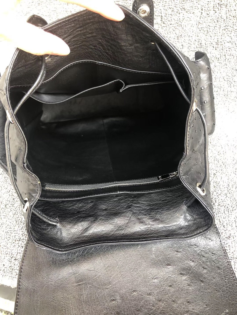 Authentic Exotic Ostrich Skin Drawstring Closure Men's Travel Backpack Genuine Leather Male Large Flap Pockets Bag Pack