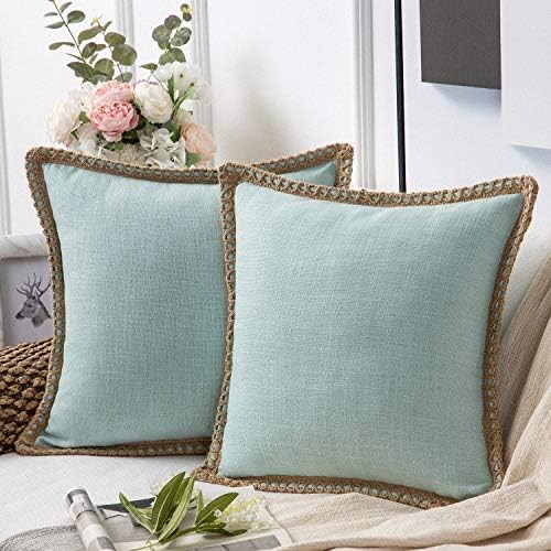 Phantoscope Pack of 2 Farmhouse Decorative Throw Pillow Covers,Solid pattern for home Burlap Linen Trimmed Tailored