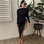 Autumn C Drawstring High Neck Long Sleeve Maxi Dress
