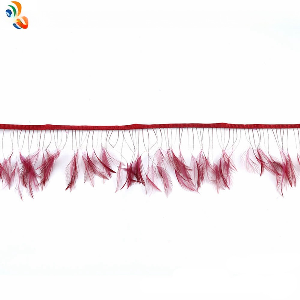 Dyed Pattern Party Decoration Stripped Hackle Feather Fringe Trimming with Satin Ribbon Tapes