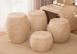 Quality Natural Straw Household Storage Stool Grass Woven Ottoman Box Eco-Friendly Hand-Woven Grass Rattan Stools Seat Pad wholesale
