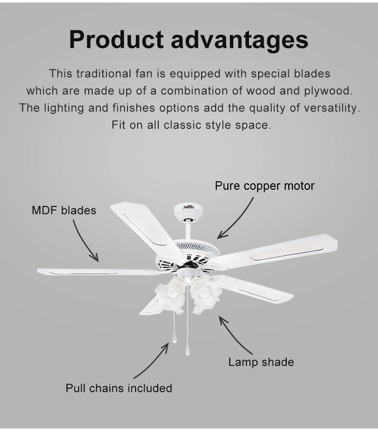 52 Inch 132cm Decorative Pull Chain Ceiling Fan with Lamps and 5 Blades 1stshine OEM