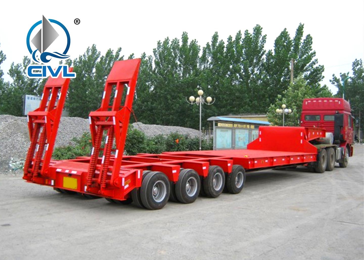 60 Tons Low Bed Semi Trailer , 3 Axles Flat Low Flatbed Trailer Manual Transmission