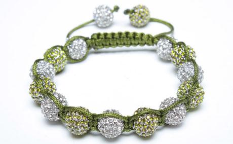 Adjustable Shamballa Bracelet, Crystal/Green Rhinestone Ball