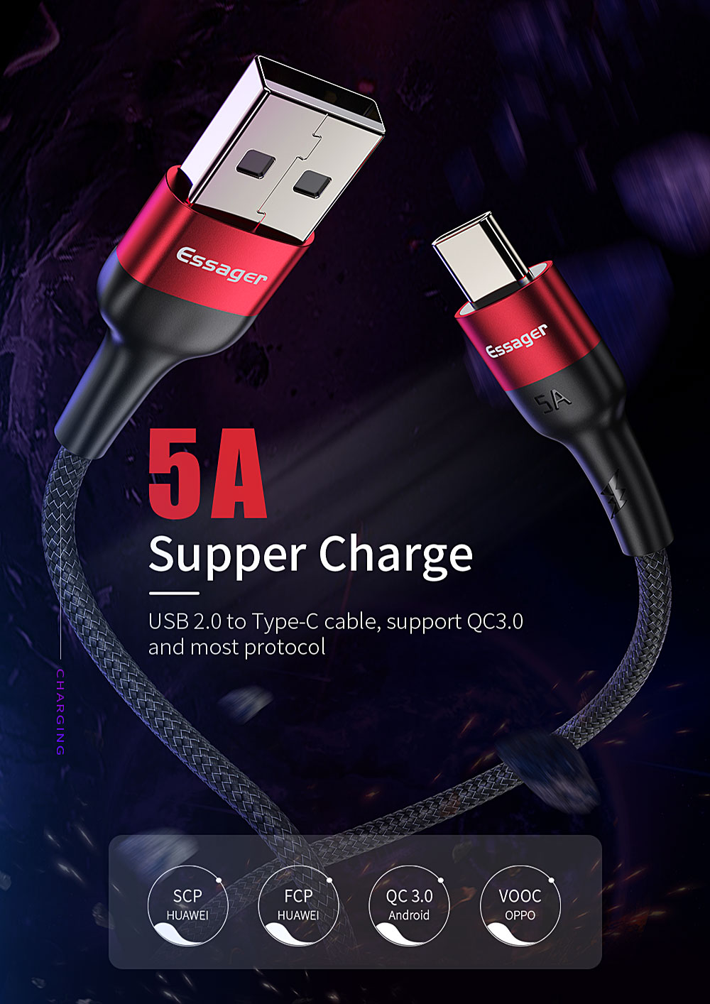 Essager Scud Usb Type C Cable Fast Charging 5A 0.3M 1M 2M for Type C Devices