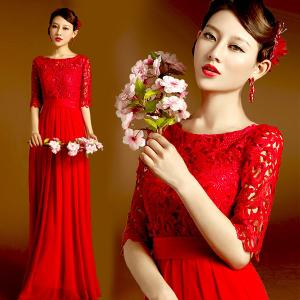 Quality Red Lace Half Sleeveless Floor Length Bridal Dress Gorgeous Evening Dress TSJY145 wholesale