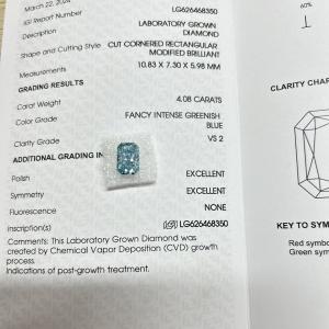 Quality 4.08ct Blue Lab Diamond Radiant Cut CVD Fancy Greenish Blue VS1 2EX N IGI wholesale