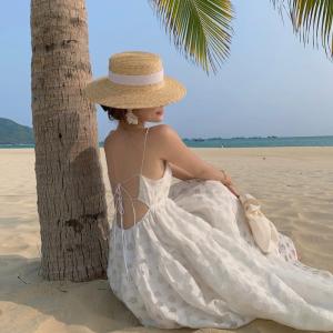 Quality Sexy Back Tie Strap 115cm White Sleeveless Beach Dress Mid Length wholesale
