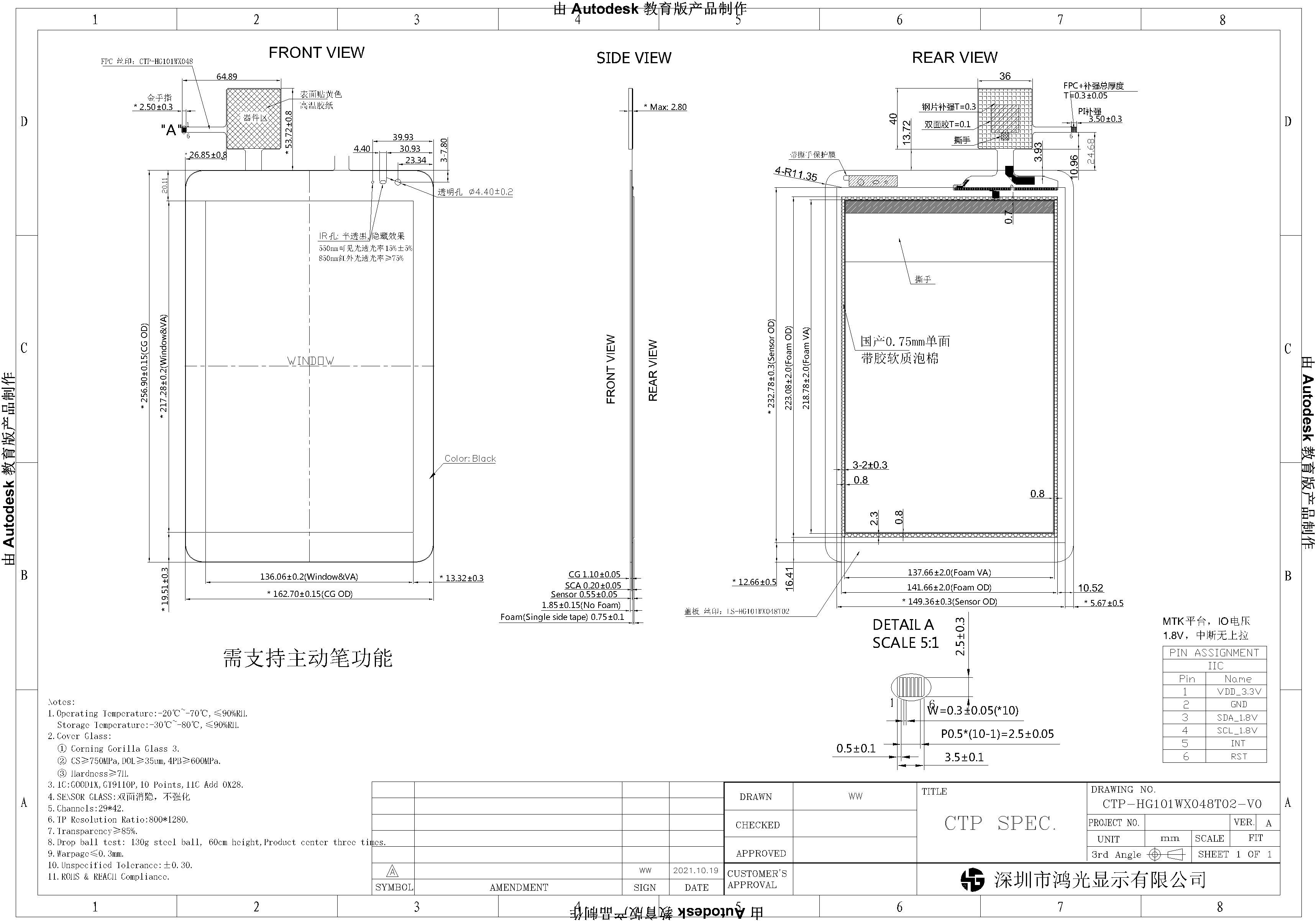 1280x800 LCD TFT Color Touch Screen 10.1 Inch G+G Structure