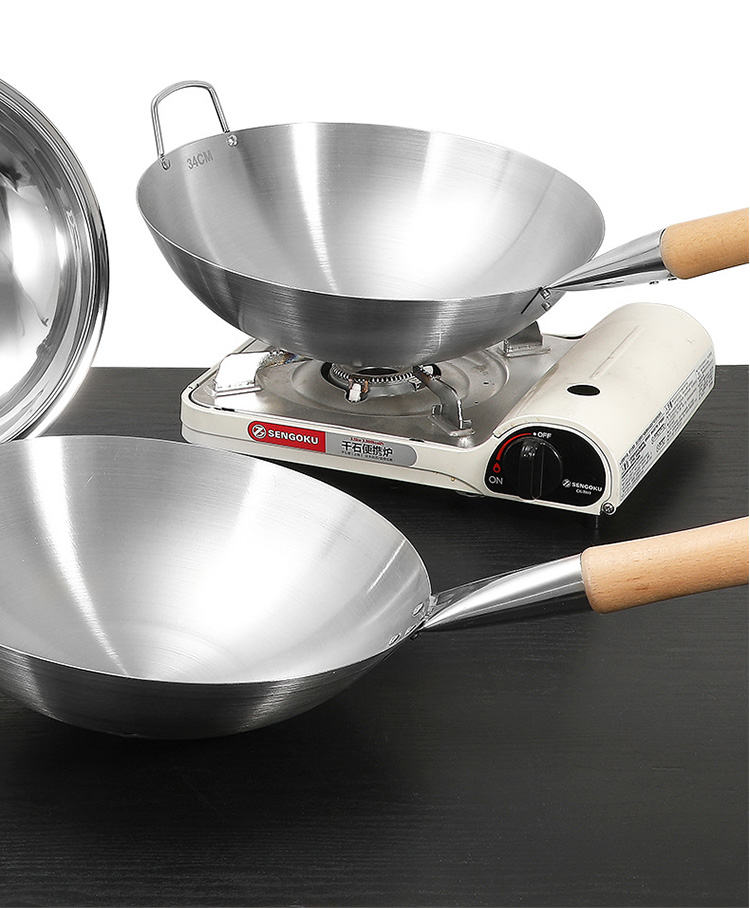 Multifunctional Kitchen Wok Pan Non Stick Stainless Steel With Wooden Handle