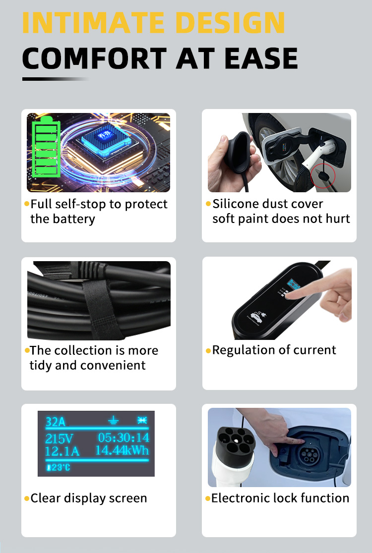 220V ID4 ID6 GBT Portable Ev Charger with EU Socket and Color Screen Charging Cable PC Copper Operate 7kw 32A Compact Design