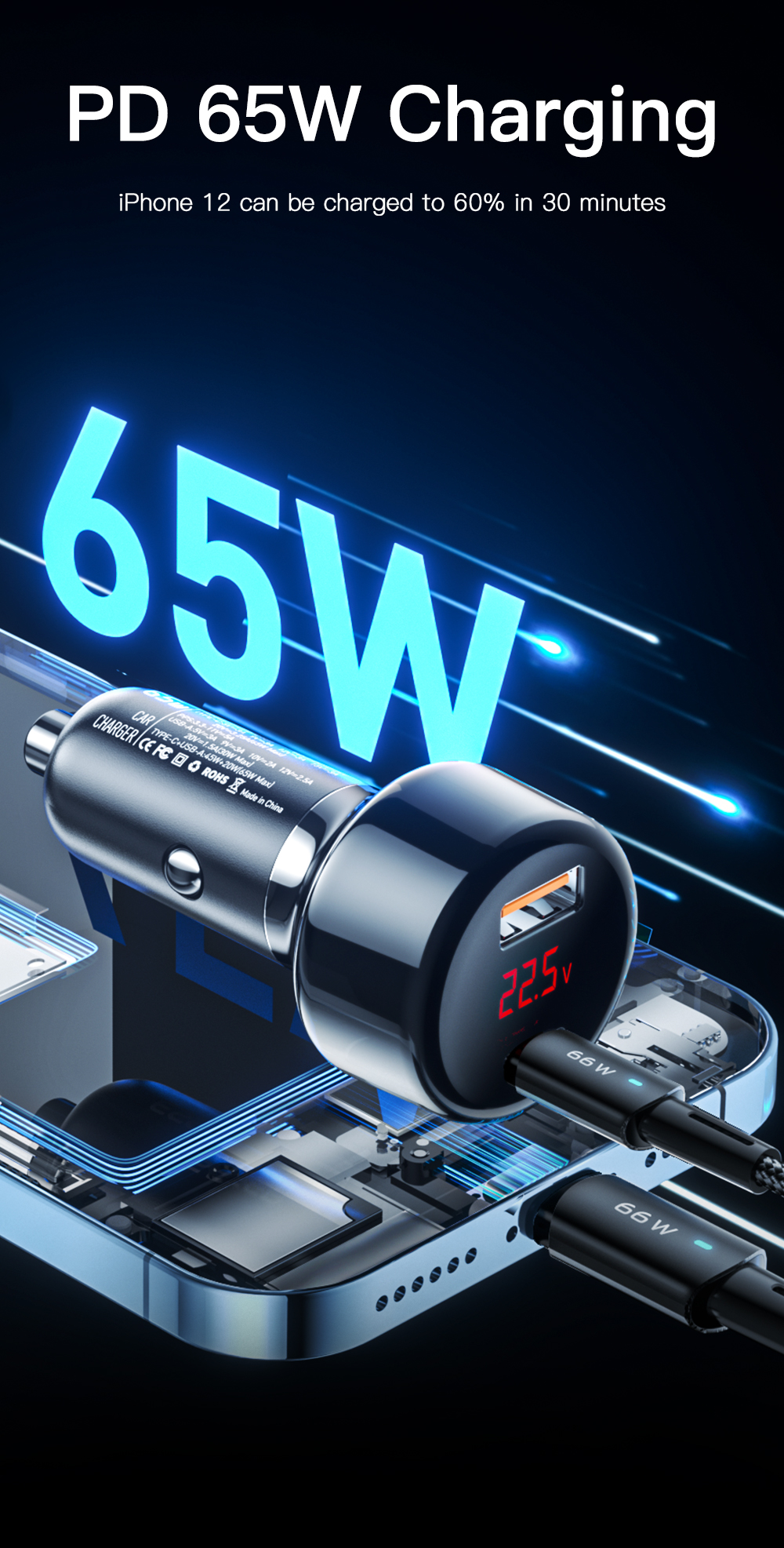 Torch Intelligent Digital Display Car Chargers USB A Type C PD QC 3.0 65W Fast Car Charging