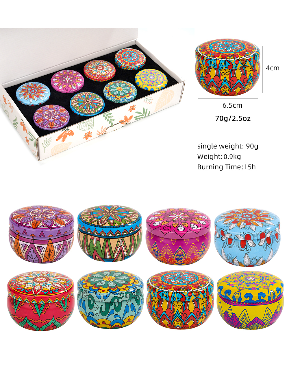 8 Pack Yoga Aroma Candle Set Tin Scented Candle Spirit Healing