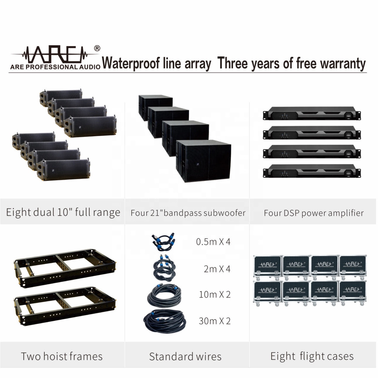 ARE Audio Portable Line Array Outdoor Line Array System with Eight Dual 10" Full Range and Four 21" Bandpass Subwoofers