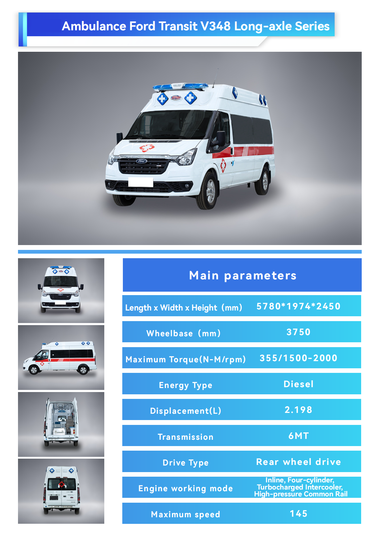 Ford Medical Direct Supply Ambulance Type 2 4x4 Van Rescue Vehicle for Patient Transport Diesel Fuel Rear Track 1704mm