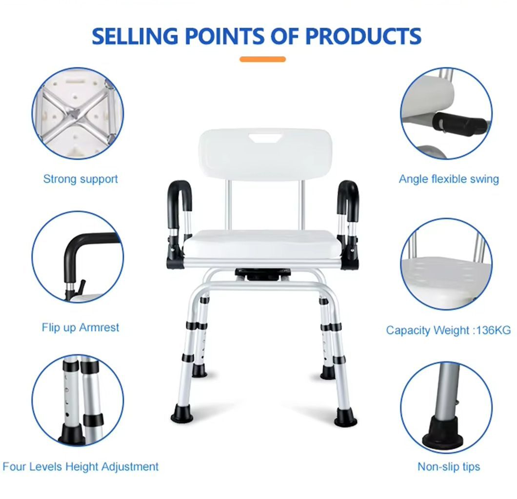 High Quality Lightweight Aluminum with Back and Arms Adjustable Bath Shower Chair