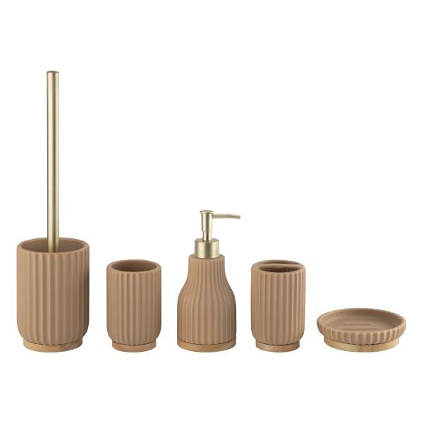Khaki Vertical Stripes Ceramic Bathroom Accessories Set Gold Parts Foaming Soap