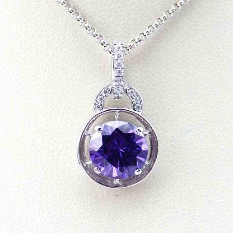 Sterling Silver 9mm Round Amethyst Cubic Zircon Pendant 925 Silver Chain (PSJ045)
