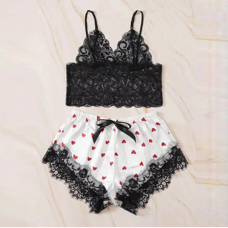 2 Pieces Sweet Heart Print Sexy Underwear Lace Short Sleeve Satin Sexy Lingerie Suit