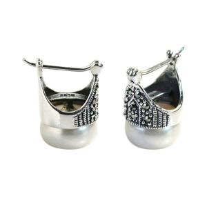 Quality 925 Silver Simulated Shell Pearl Drop Hoop Earrings Thai Vintage Jewelry (E12142) wholesale