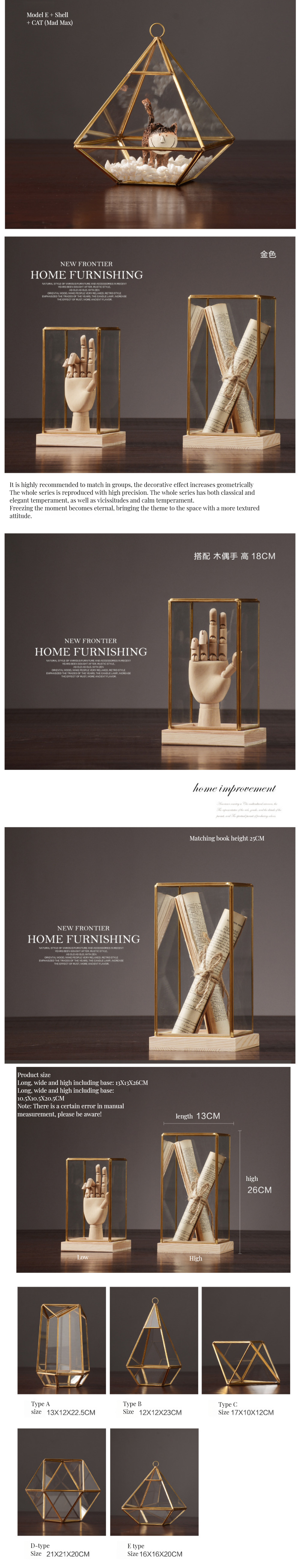 Nordic Eco-friendly Wall-Mounted Glass Display Box with Brass Margin and Wooden Base