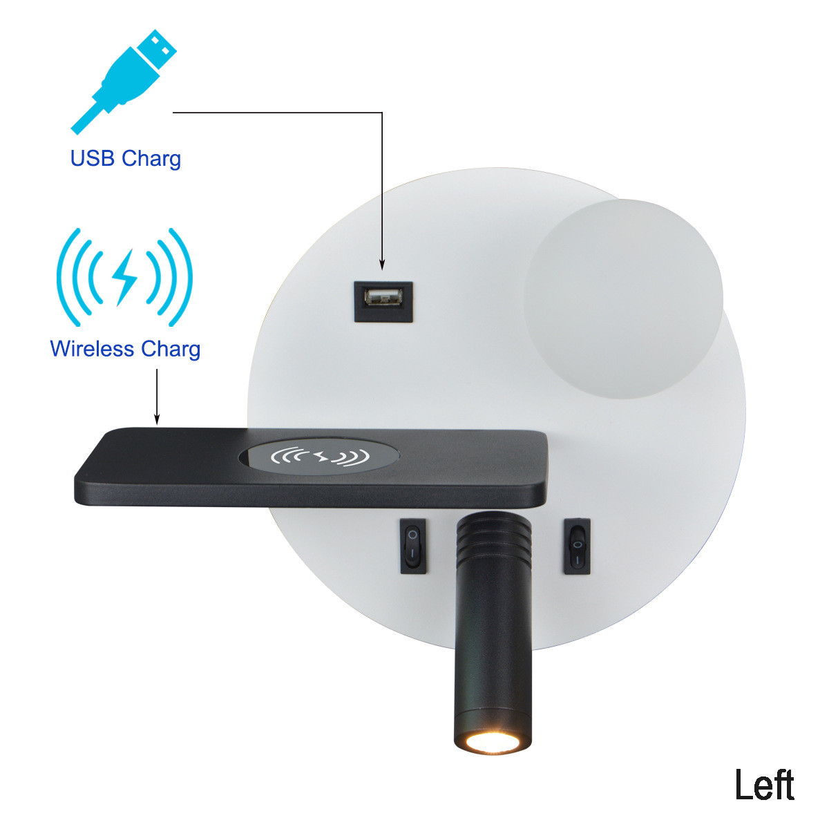 Bedside reading wall lamp acrylic ball USB wireless charger bedroom bed board light living Bedhead wall light for hotel