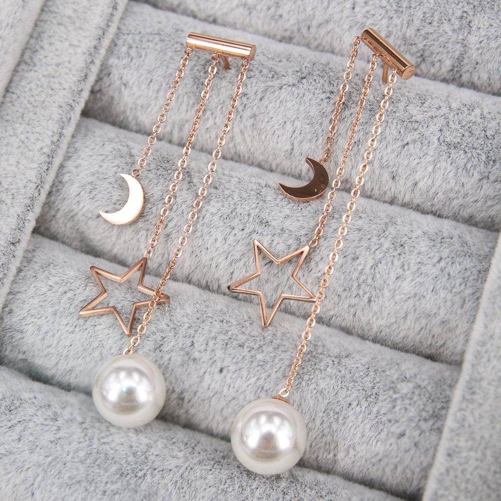 Fashion jewelry moon star hanging pearl earring rose gold stud earring sets