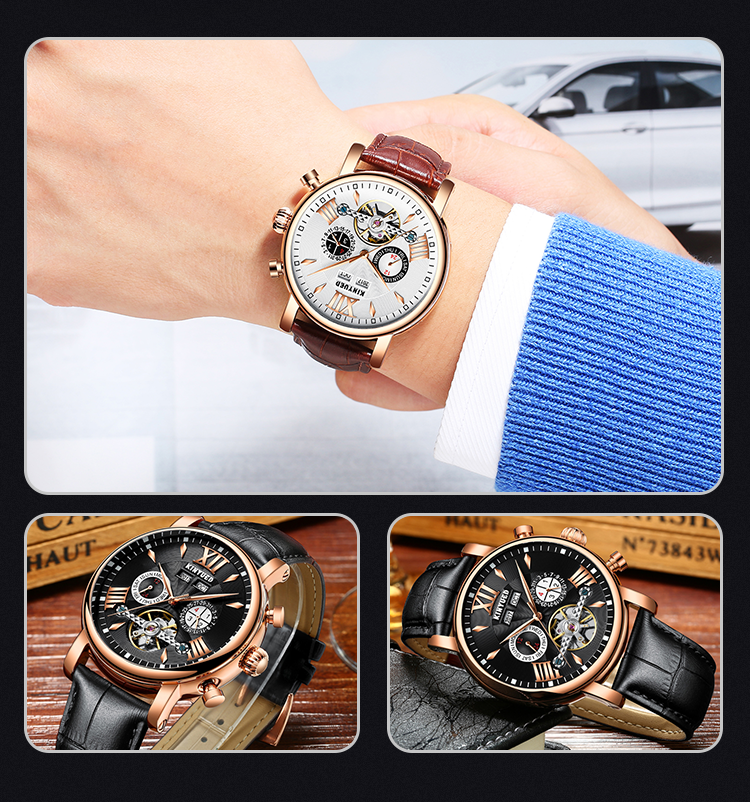 KINYUED J017-3 Gold Case Black Dial Leather Strap Complete Calendar Skeleton Waterproof relogio masculino Watches