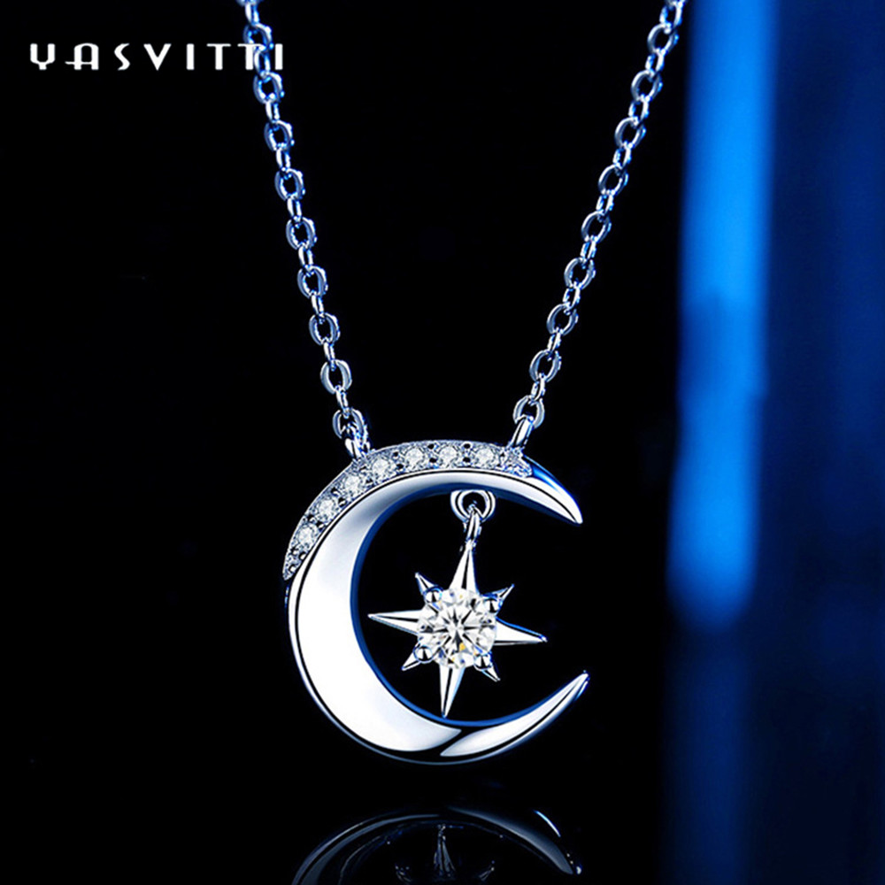 0.69ft 2g Moon Star Pendant Necklace Trendy Topaz Solid Silver Heart Necklace