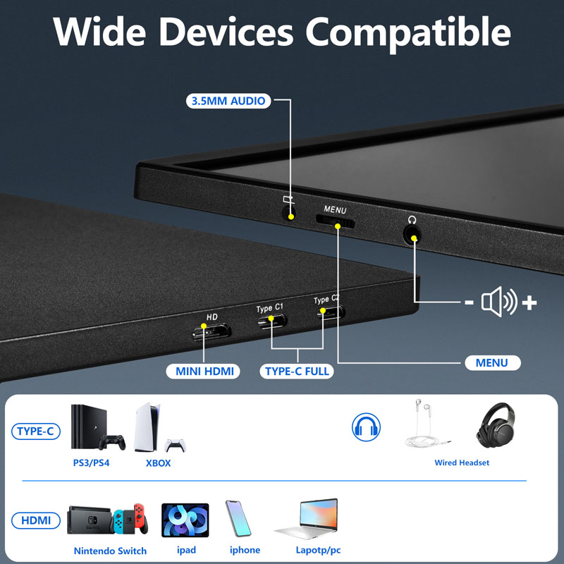 Lightweight LED Widescreen 16 Inch Touch PS4 Portable Monitor 1920x1200 With Mini HDMI USB