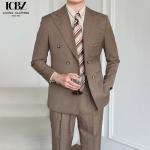 Italian Vintage Brown Suit Double Breasted Striped Jacket for Men's Professional