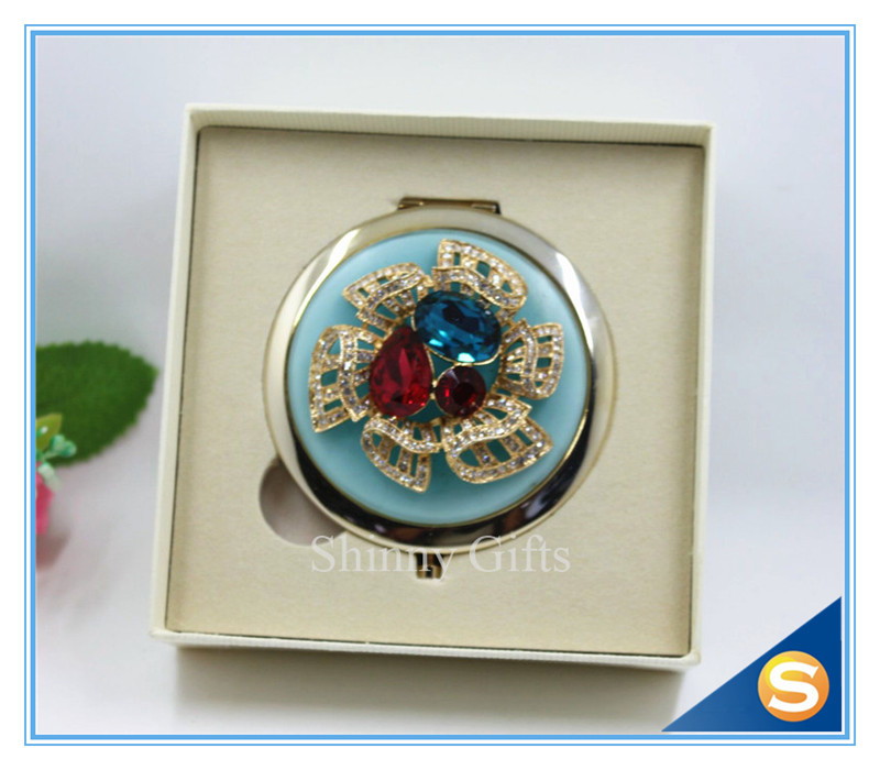 Shinny Gifts Luxury Crystal Cosmetic mirror Round Shape Metal Pocket Mirror