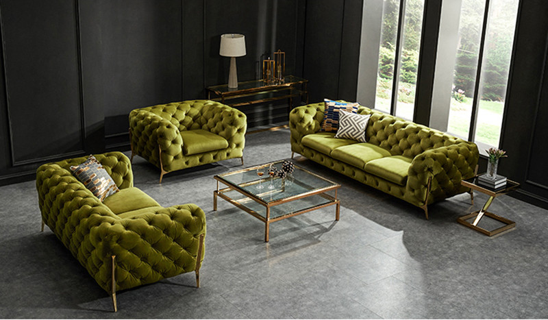245cm Length Navy Blue 3 Seater Velvet Chesterfield Sofa For Villa
