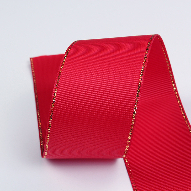2.5cm Polyester Gold Edge Double Face Grosgrain Ribbon for Christmas Tree and Bag Handles