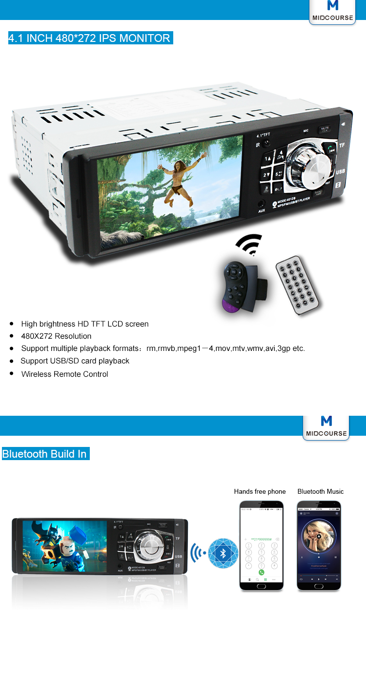 LCD Screen 1 Din Car Stereo / Multimedia Car Player With MP5 FM USB Bluetooth