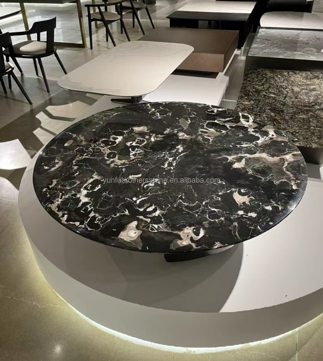 Modern Polished Black Rose Marble Big Slab Dining Table Set for Villa and Hotel Design