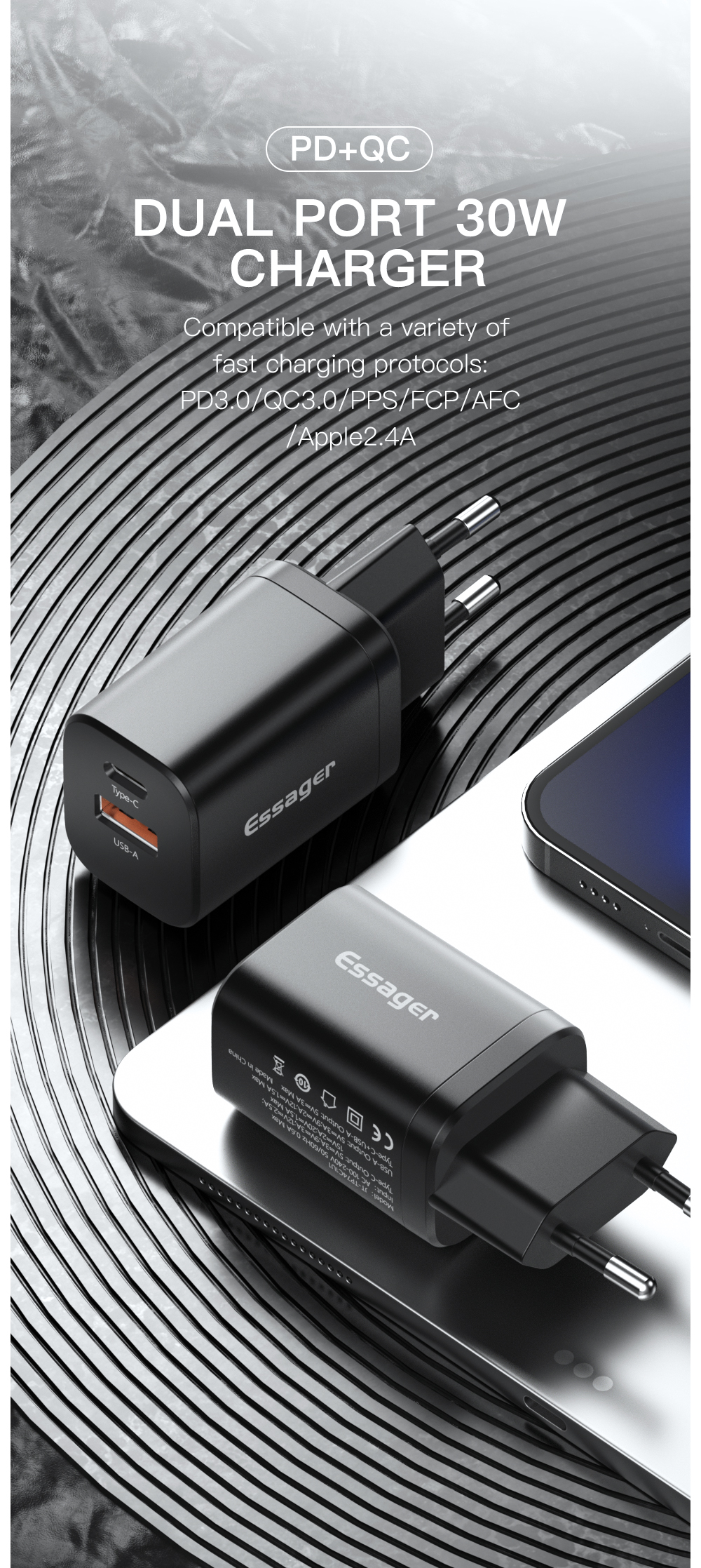 Essager 2022 Journey Hot sells PD 3.0 QC3.0 Mini Power Supply Adapter 30W USB Type C Wall Charger