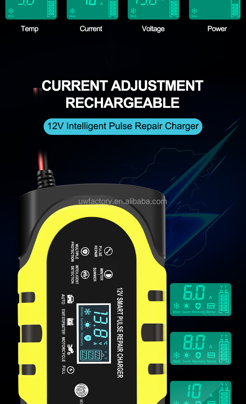 SCP Function Full Intelligent 110V 240V 12V 6V 12A Battery Charger for Motorcycle Car Lead-Acid Battery
