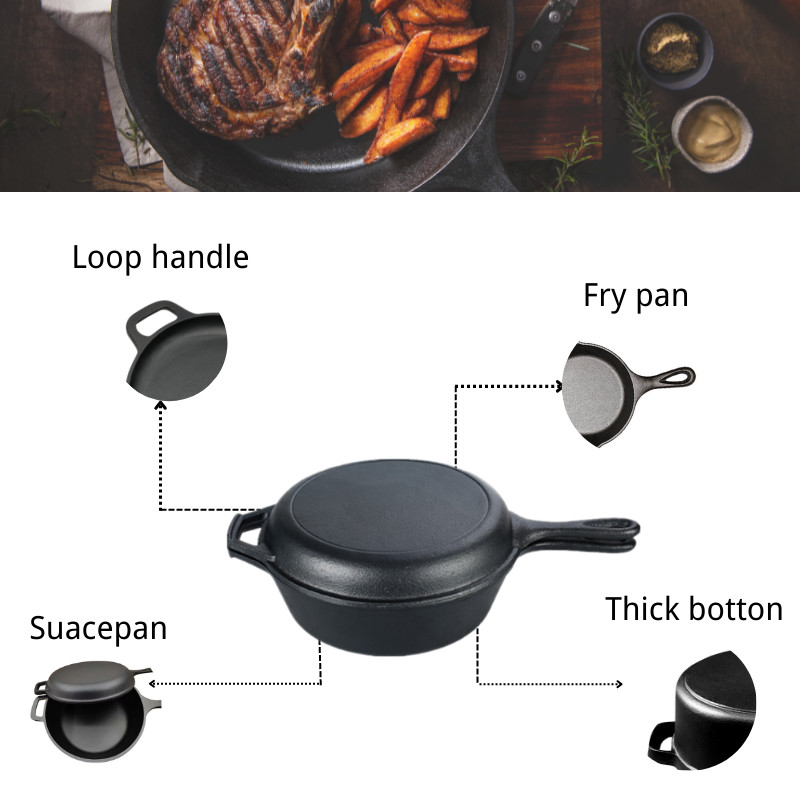 2 In 1 Cast Iron Skillet Pan Enamel Coated 3.2 Quart Cast Iron Skillet Casserole