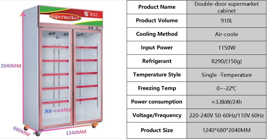 910L Two Door Ice Cream Display Cabinet Door Air Cooled Supermarket Portable Gelato Display Case