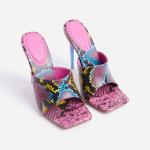 Faux Snakelike Print Platform Stiletto Sandals Open Square Toe Mules