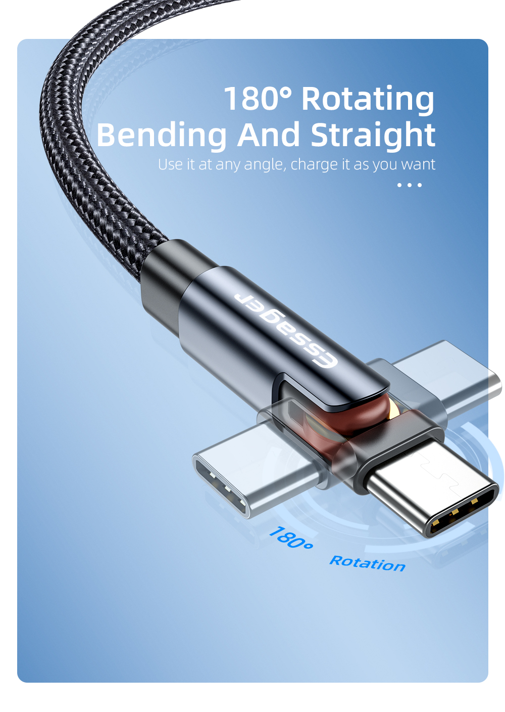 180 Degree Rotate USB Type C Cable 3A 1M 2M Fast Charging