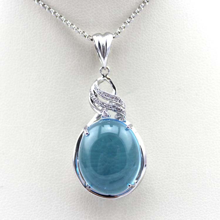 Sterling Silver Chain Oval Dome Blue Topaz Cubic Zirconia Charm Pendant Necklace(PSJ0291)