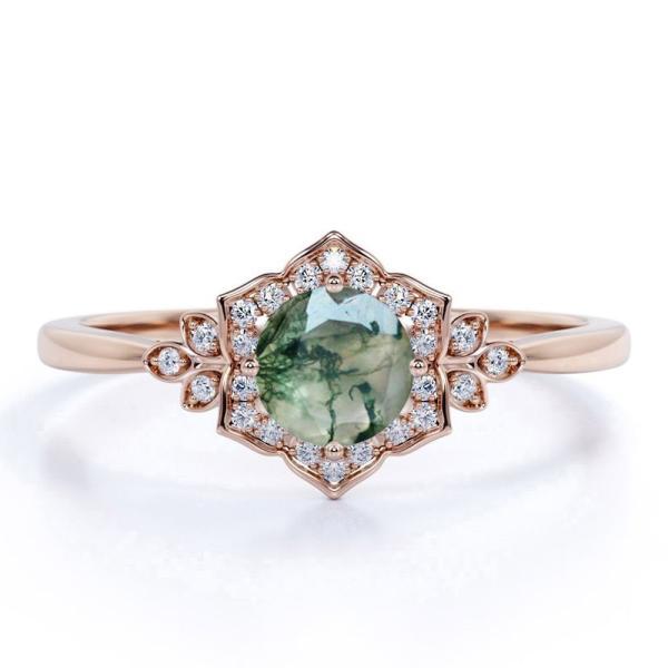 Vintage Design 4 Prong Round Shape Milky White Druzy Moss Green Agate And