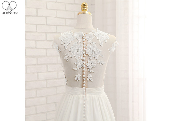 High Slit A Line Bridal Gowns / Cream Colour Wedding Gown Open Back Pleated Tail
