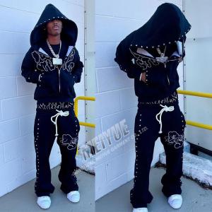 Quality OEM Manufacturer Custom Double Waisted Baggy Stacked Pants Sweat Suit Y2k Diamond Rhinestone Flare Sweatpants and Hoodie Sets wholesale