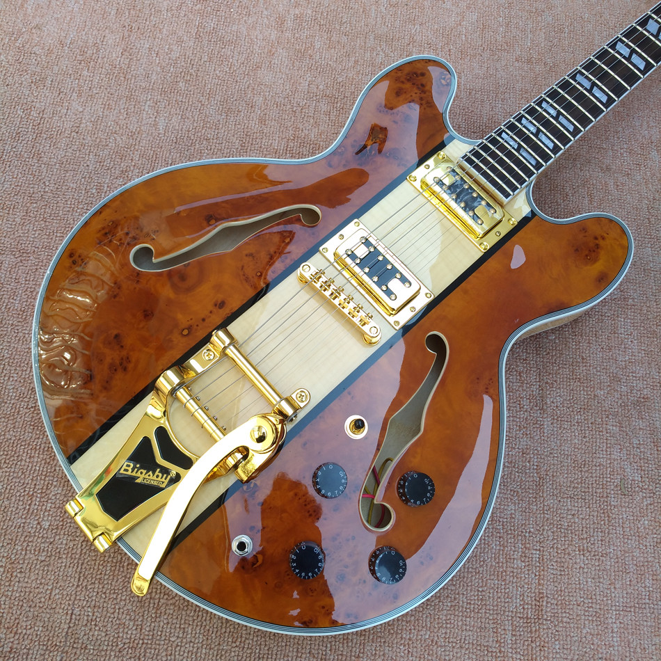 Hollow body jazz 335 electric guitar, Maple top gold hardware electric guitar with Tremolo system, free shipping