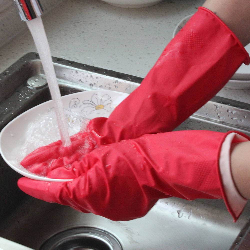 Flocklined Cleaning Household Kitchen Rubber Gloves Reuasble Waterproof