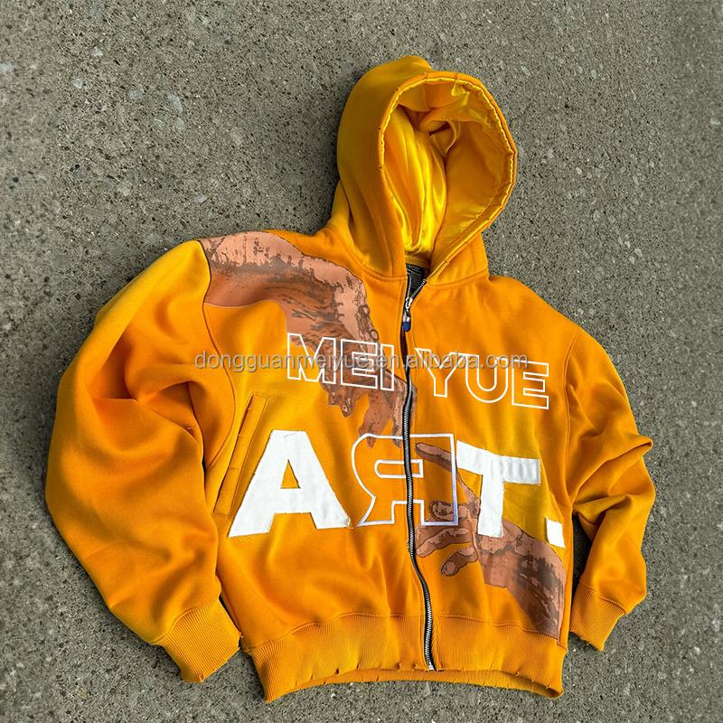 Custom Cropped Embroidery Distressed Hoodie Zip up Jacket Acid Wash Vintage Men Stain Lined Double Layer Streetwear Hoodie