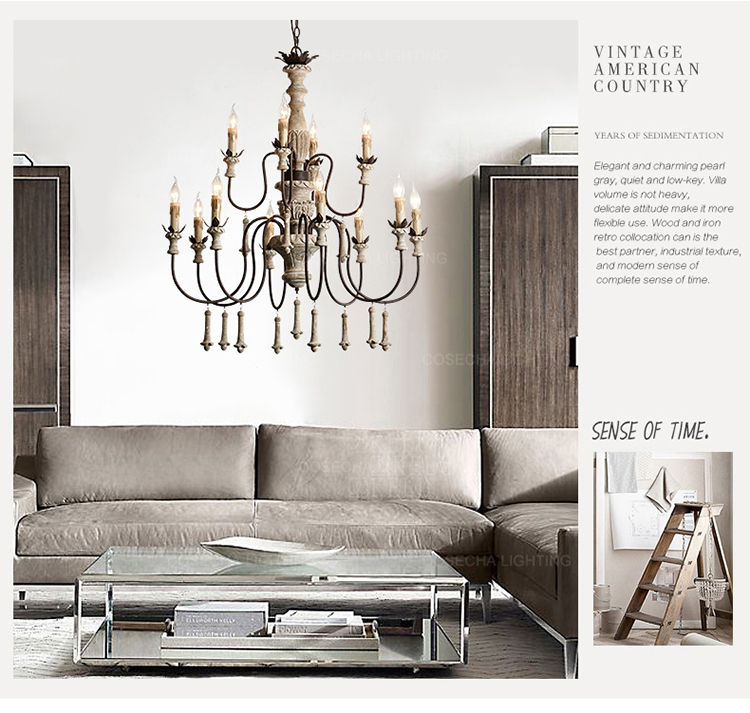 Vintage Foyer chandeliers large wooden lustre rustic lighting suspension retro lamps(WH-CI-111)